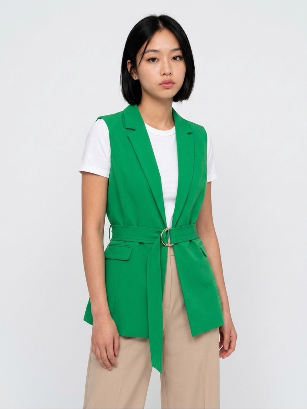 Studio Green Tailored Sleeveless Blazer with Belt